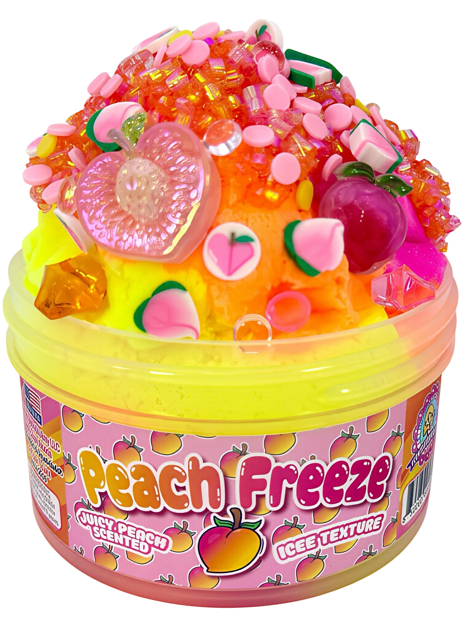 Doodlations Peach Freeze iced texture slime with peach charms, glitter, and candy add-ins in a yellow container.