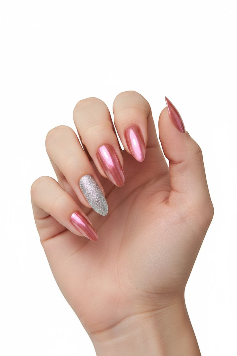 Doodlations Coffee Bar & Boutique pink chrome and silver glitter almond press-on nails.