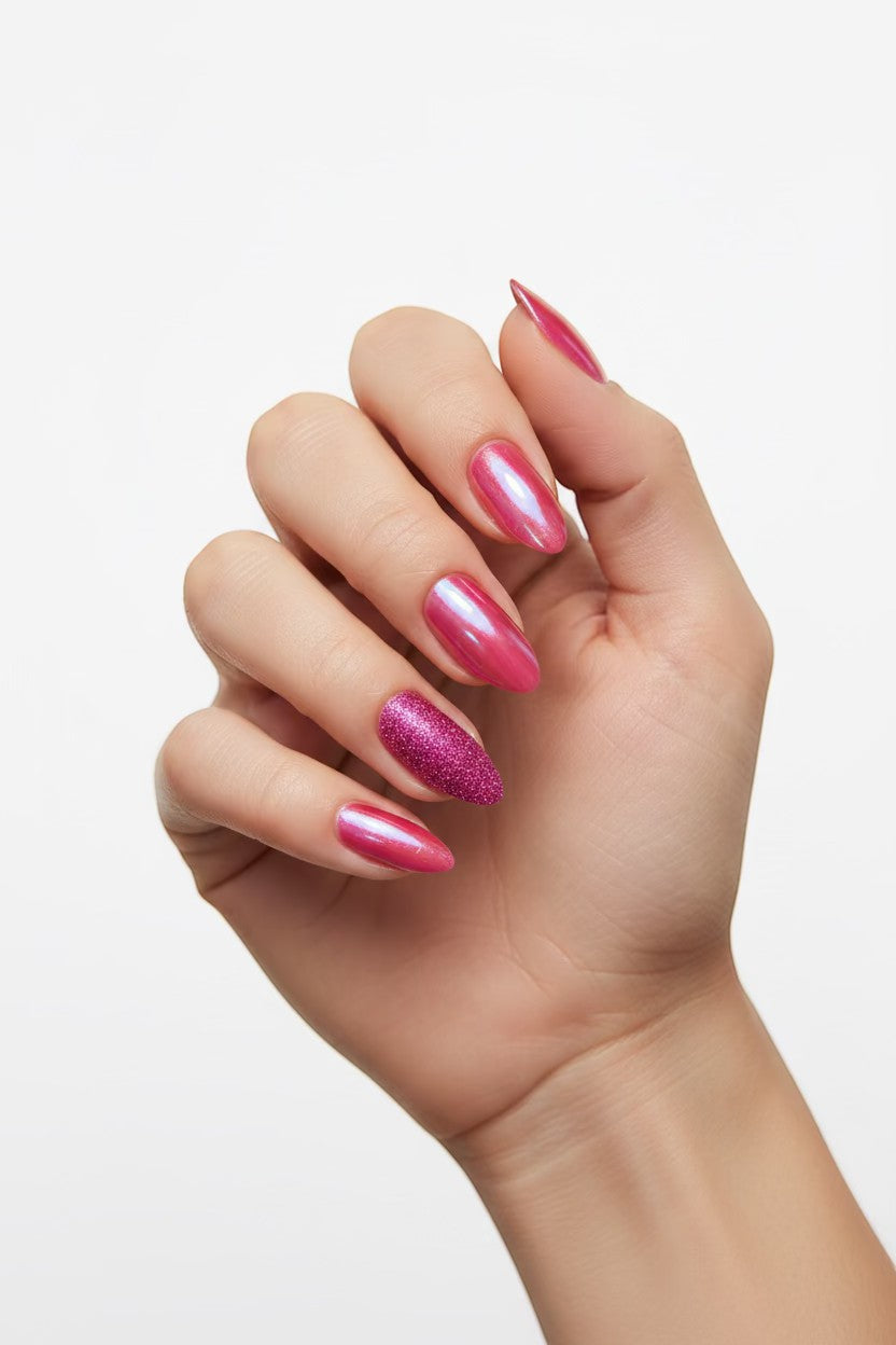 Doodlations Coffee Bar & Boutique pink chrome and glitter press-on nails, almond shape, glossy finish.