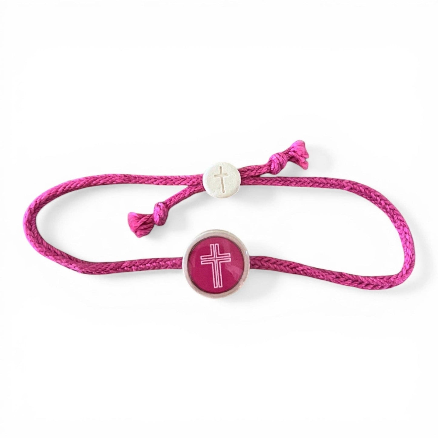 Doodlations Coffee Bar & Boutique pink cord bracelet with two cross charms, one NFC enabled.