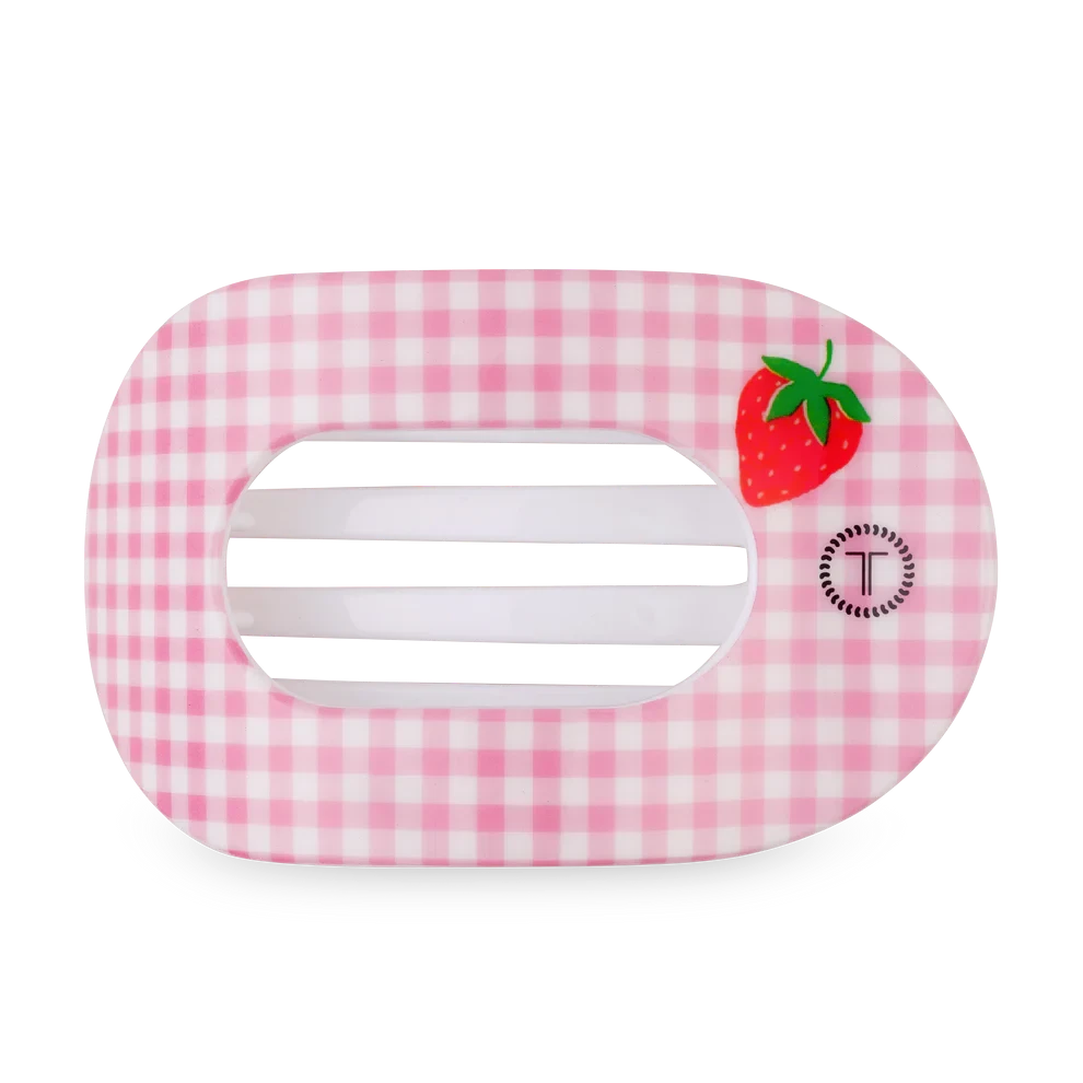 Doodlations pink gingham hair clip with strawberry accent and black and white stripes.