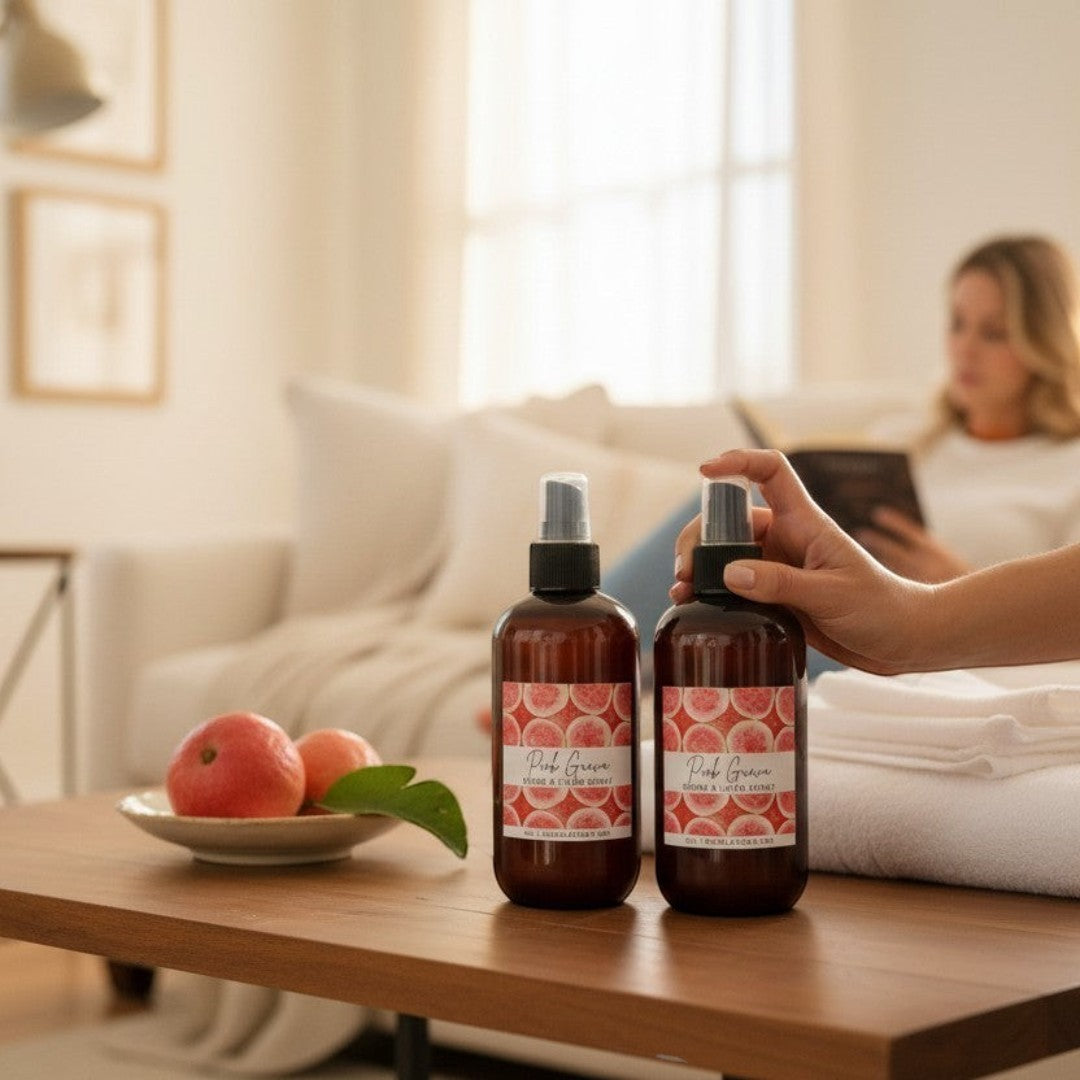 Doodlations Coffee Bar & Boutique Pink Guava Room & Linen Spray with pink guava fruit label. 8oz bottle.