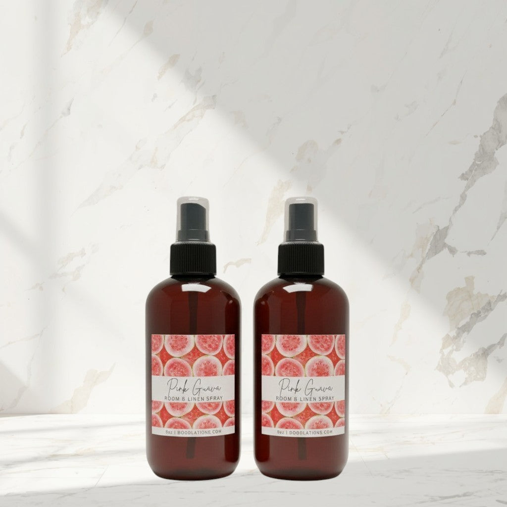 Doodlations Coffee Bar & Boutique Pink Guava Room & Linen Spray with pink guava fruit label.