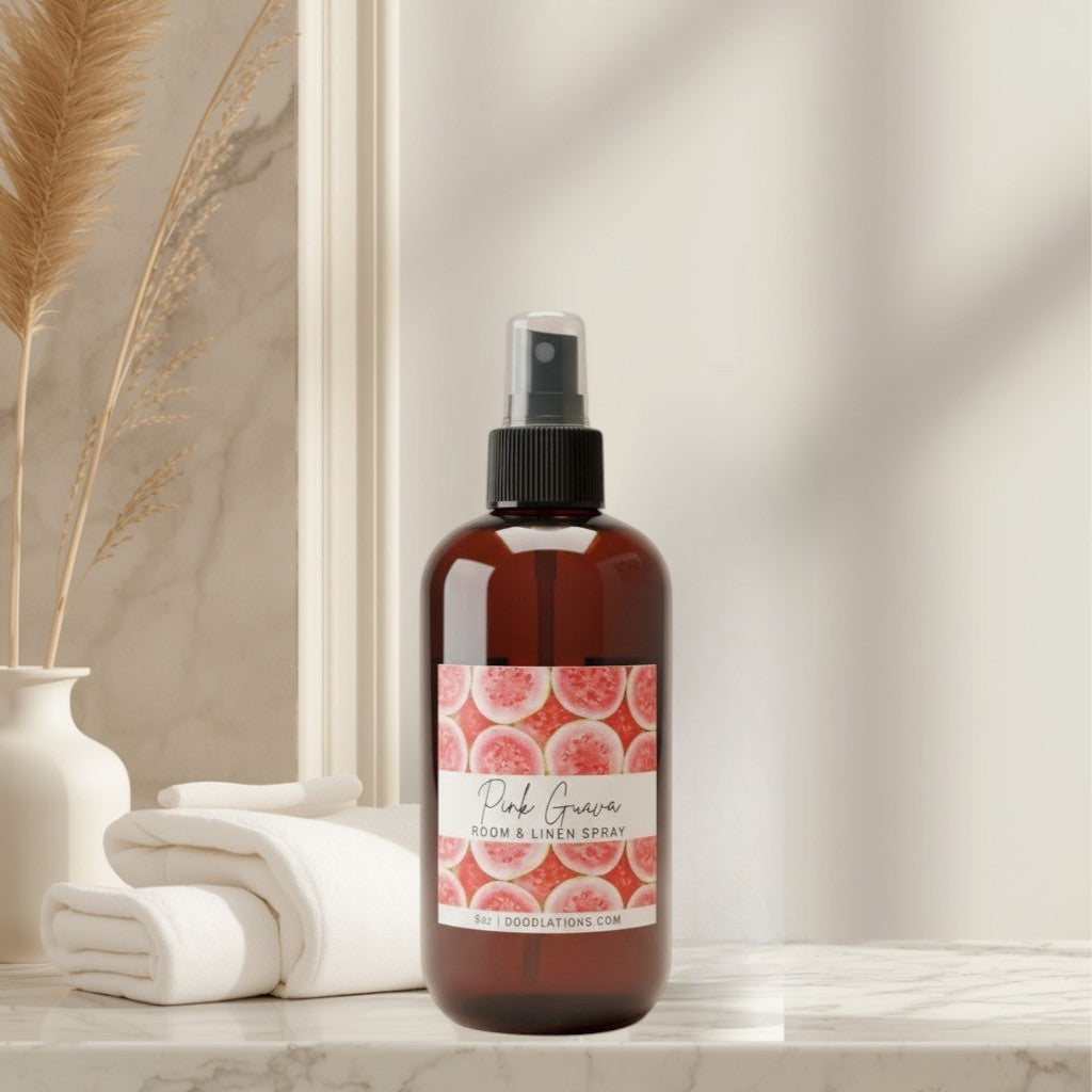 Doodlations Pink Guava Room & Linen Spray with tropical fruit design. 8oz bottle.