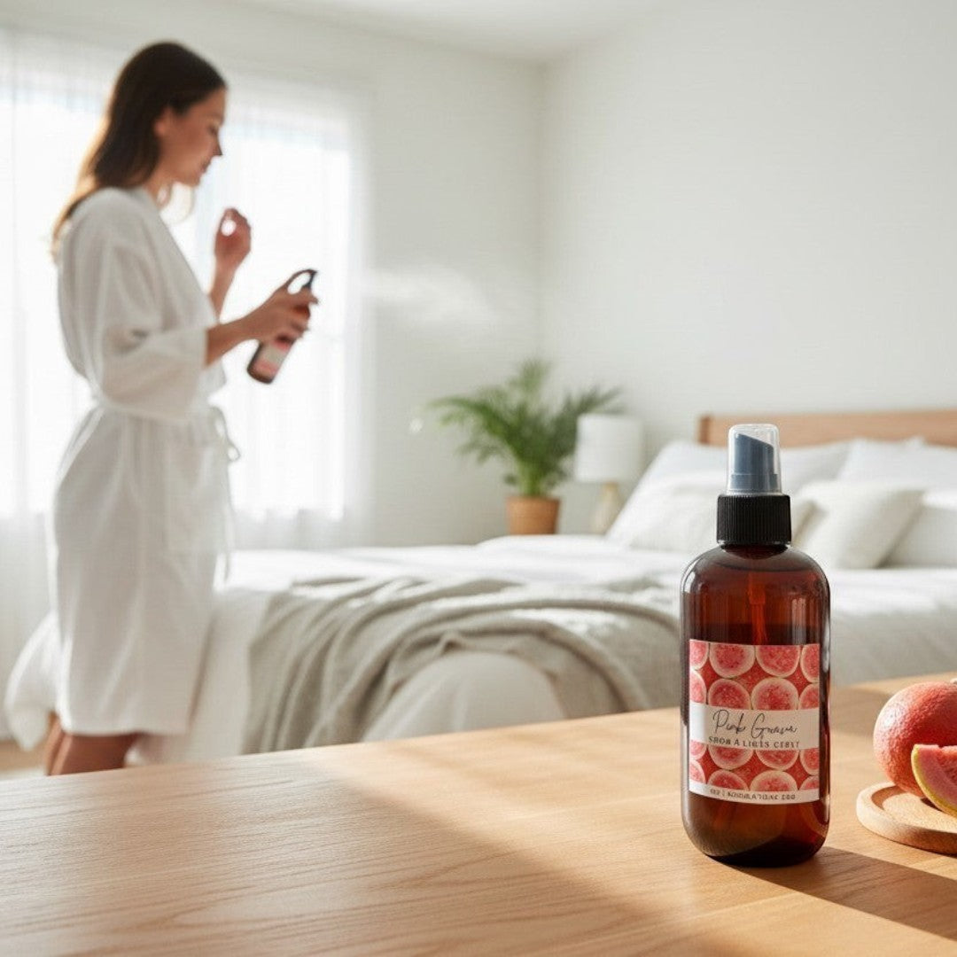 Doodlations Pink Guava Room & Linen Spray with tropical fruit design. 8oz bottle.