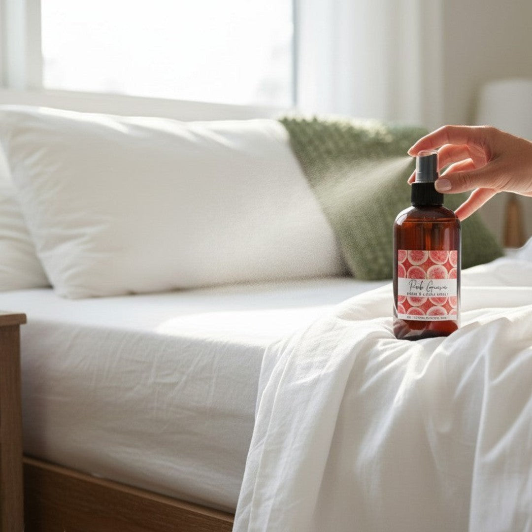 Doodlations Pink Guava room and linen spray in a brown bottle with a label featuring sliced pink guavas and tropical fruit scents.