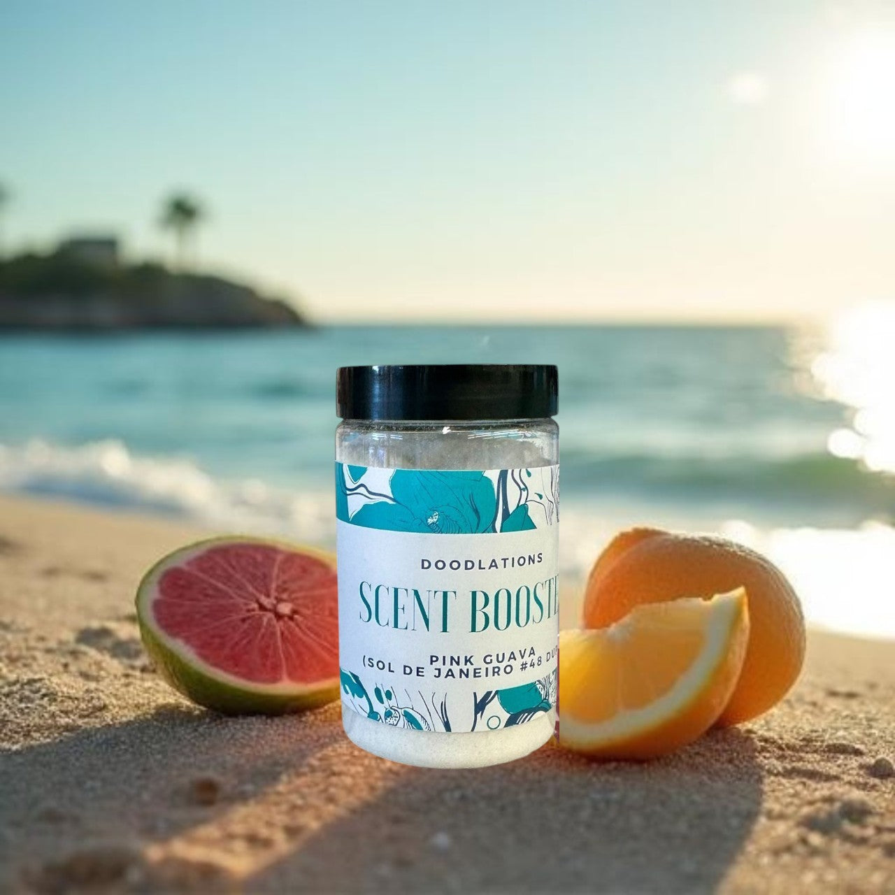 Doodlations Pink Guava laundry scent booster in a clear jar with a black lid, featuring a tropical floral design.