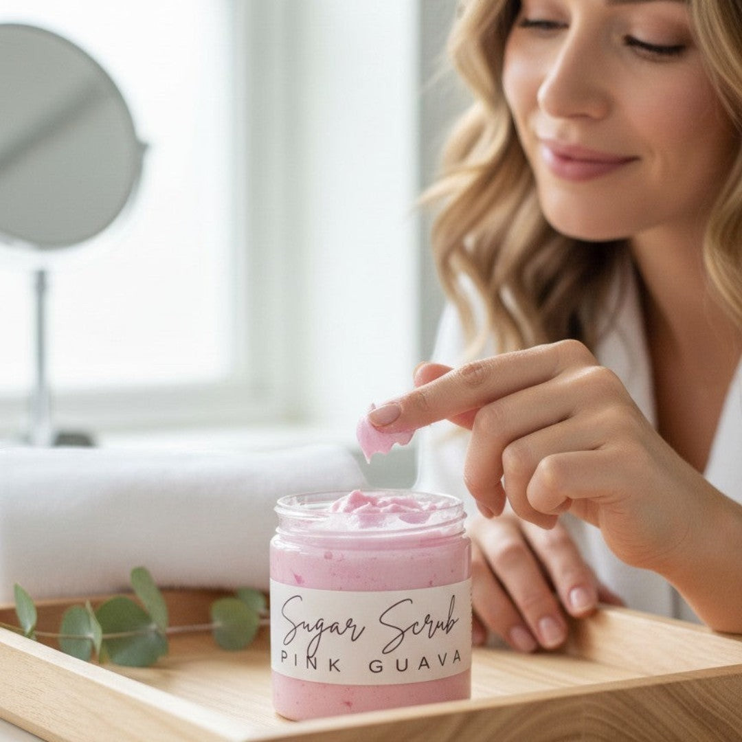 Doodlations Coffee Bar & Boutique Pink Guava Sugar Scrub in a clear jar with whipped texture and pink hue.