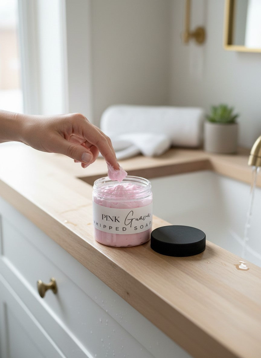Doodlations Coffee Bar & Boutique Pink Guava Whipped Soap in a clear jar with a black lid. Light pink whipped soap with grape seed oil.