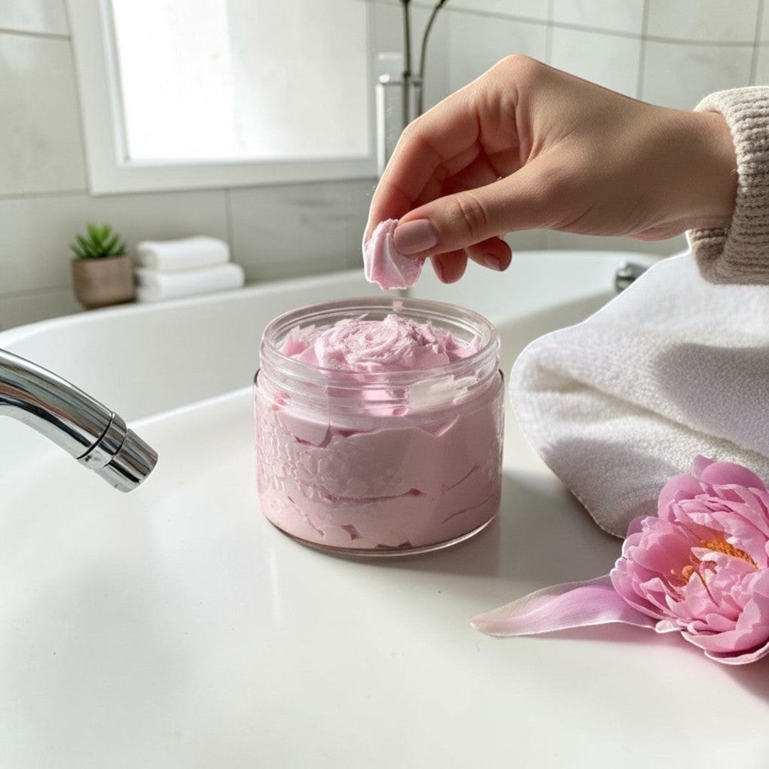 Doodlations Coffee Bar & Boutique Pink Guava Whipped Soap in a clear jar, fluffy texture, grape seed oil enriched.