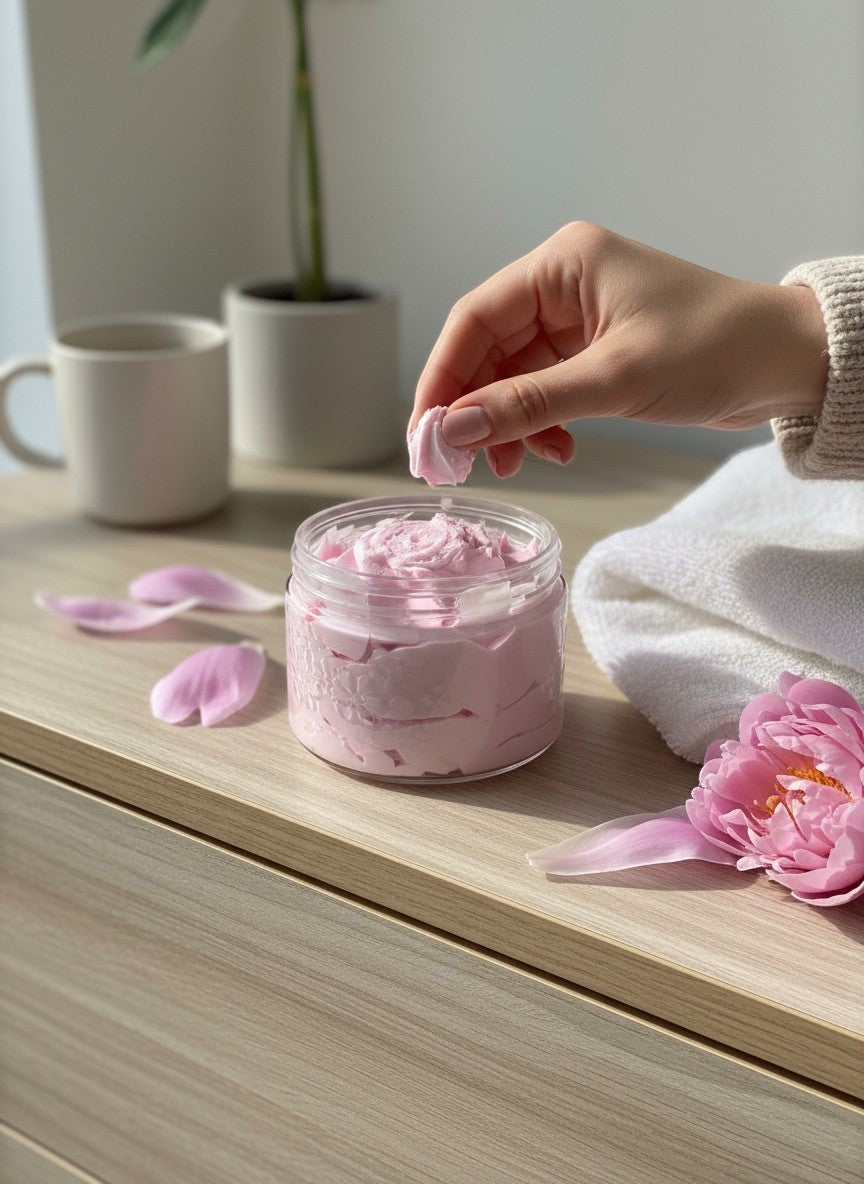 Doodlations Coffee Bar & Boutique Pink Guava Whipped Soap in a clear jar, fluffy texture, grape seed oil enriched.