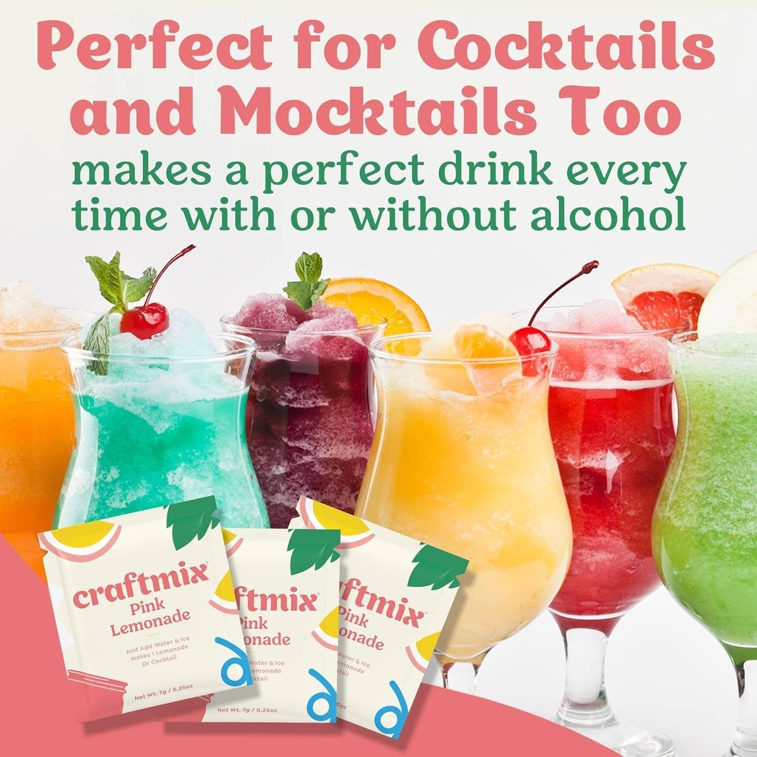 Doodlations Coffee Bar & Boutique Pink Lemonade drink mix packets next to colorful cocktails and mocktails.