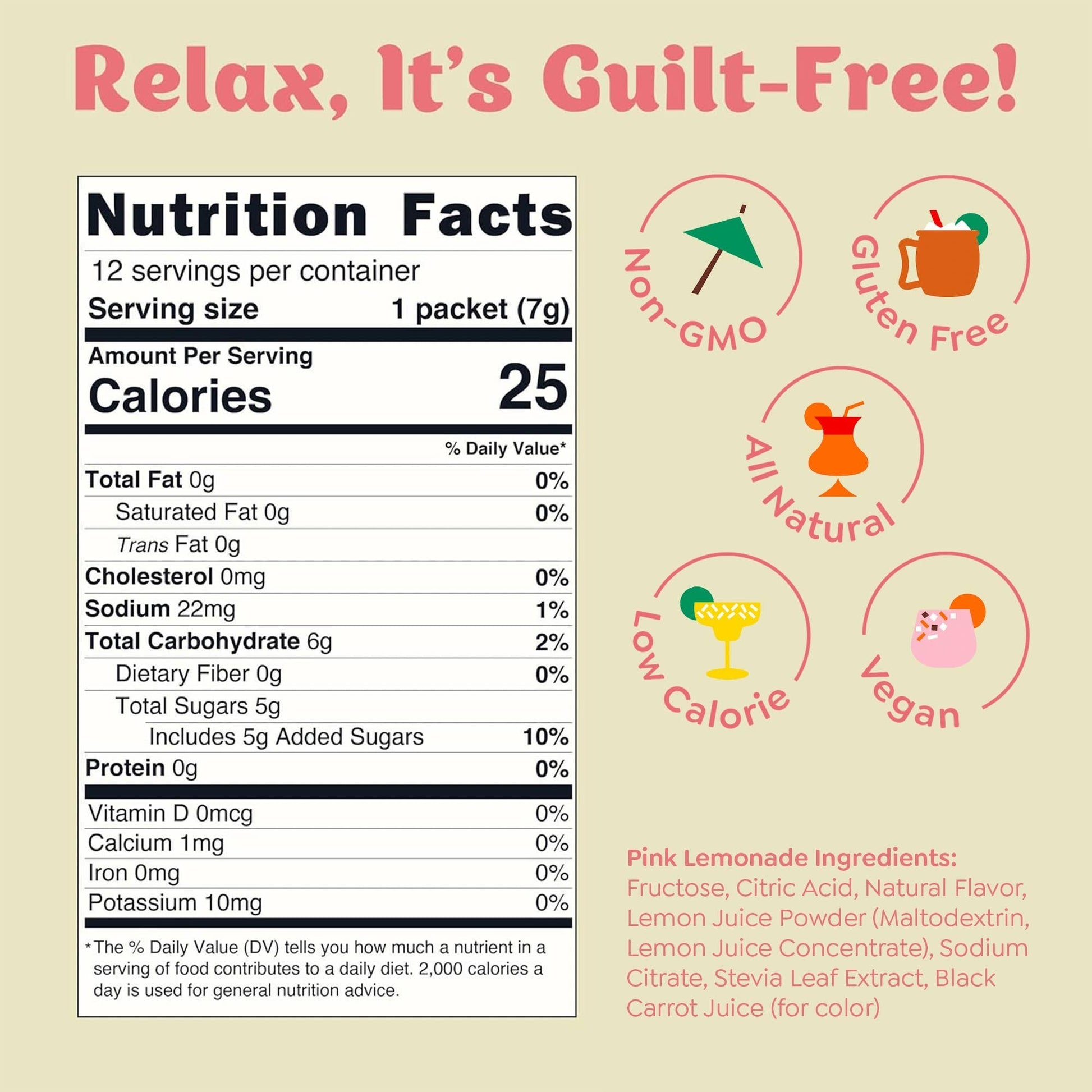 Doodlations Coffee Bar & Boutique Pink Lemonade drink mix packets, nutrition facts, and icons for non-GMO, gluten-free, all-natural, low-calorie, and vegan.