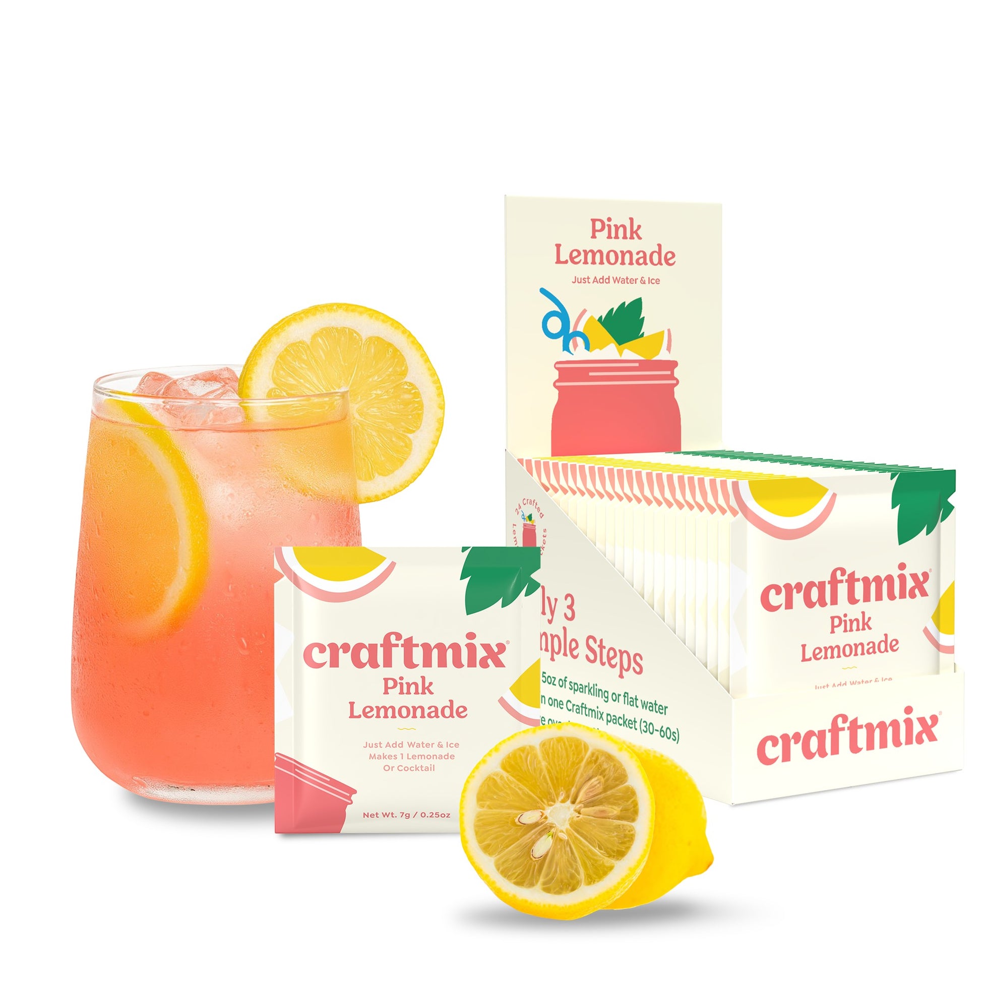 Doodlations Coffee Bar & Boutique Pink Lemonade drink mix packets with a glass of pink lemonade and lemons.