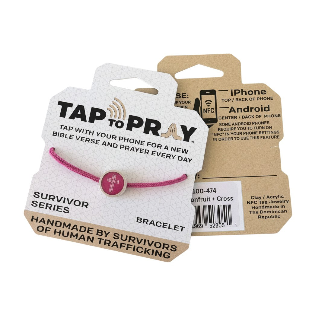 Doodlations Coffee Bar & Boutique Survivor Series pink cord bracelet with clay tag featuring a cross and NFC chip. Handmade by survivors.