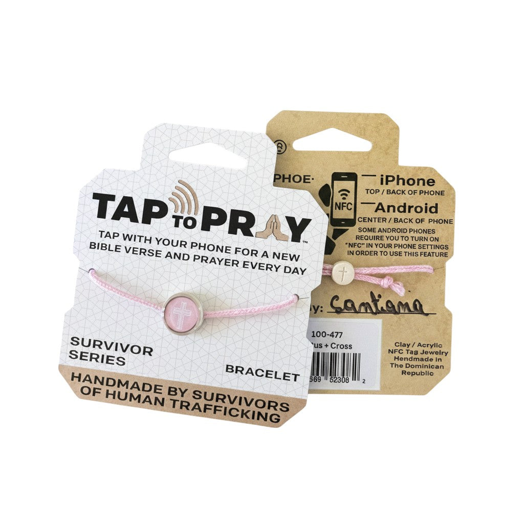 Doodlations Coffee Bar & Boutique pink survivor series bracelet with a clay tag featuring a cross and NFC chip for daily Bible verses.