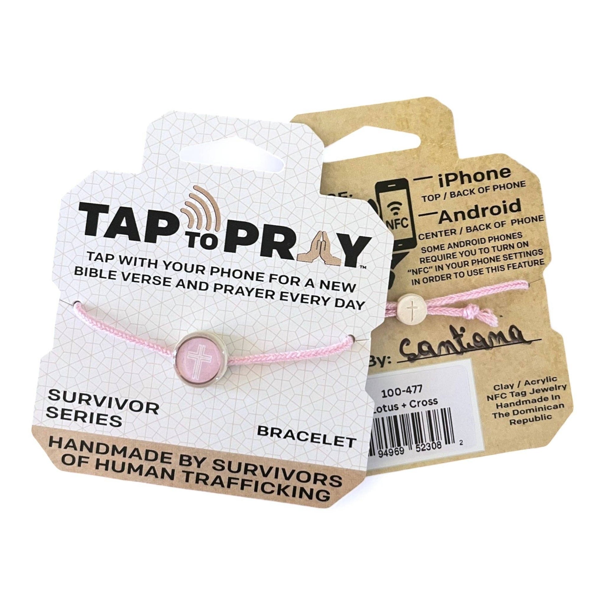 Doodlations Coffee Bar & Boutique Survivor Series bracelet with pink cord and cross charm. NFC enabled for daily prayers.