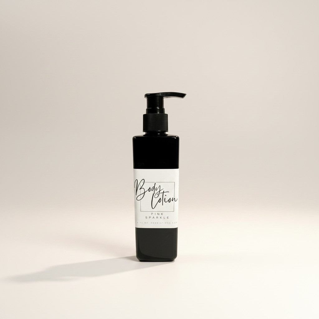 Doodlations Coffee Bar & Boutique Pink Sparkle moisturizing body lotion in a black pump bottle, 8oz.
