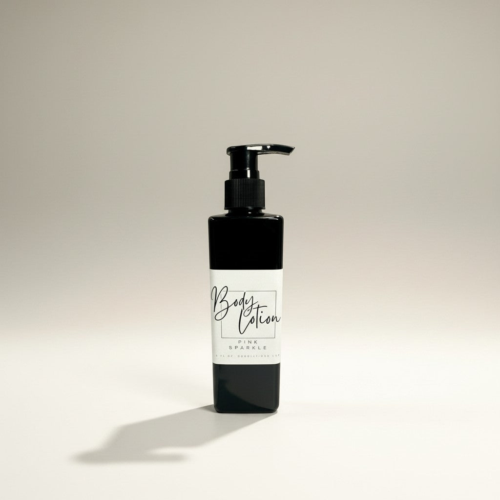 Doodlations Coffee Bar & Boutique Pink Sparkle moisturizing body lotion in a black pump bottle, 8oz.