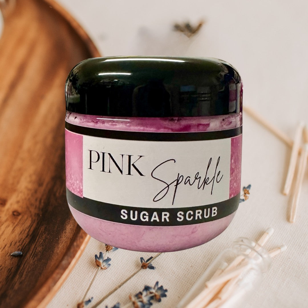 Doodlations Pink Sparkle Sugar Scrub, a luxurious exfoliating body scrub with a sweet fruity fragrance.