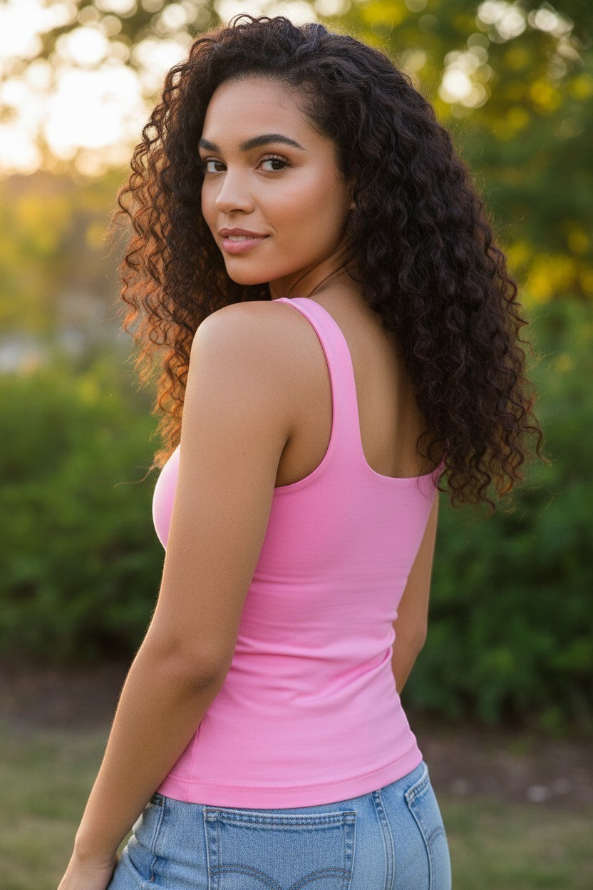 Doodlations Coffee Bar & Boutique pink square neck tank top, soft stretchy fabric, body-hugging fit.