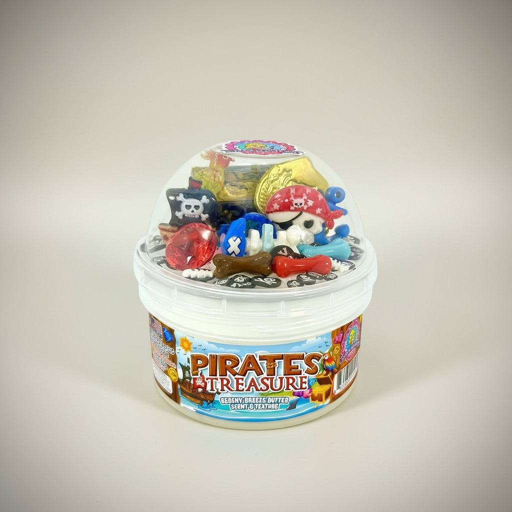 Doodlations Coffee Bar & Boutique Pirates Treasure butter slime with pirate charms, gems, coins, and treasure chest.
