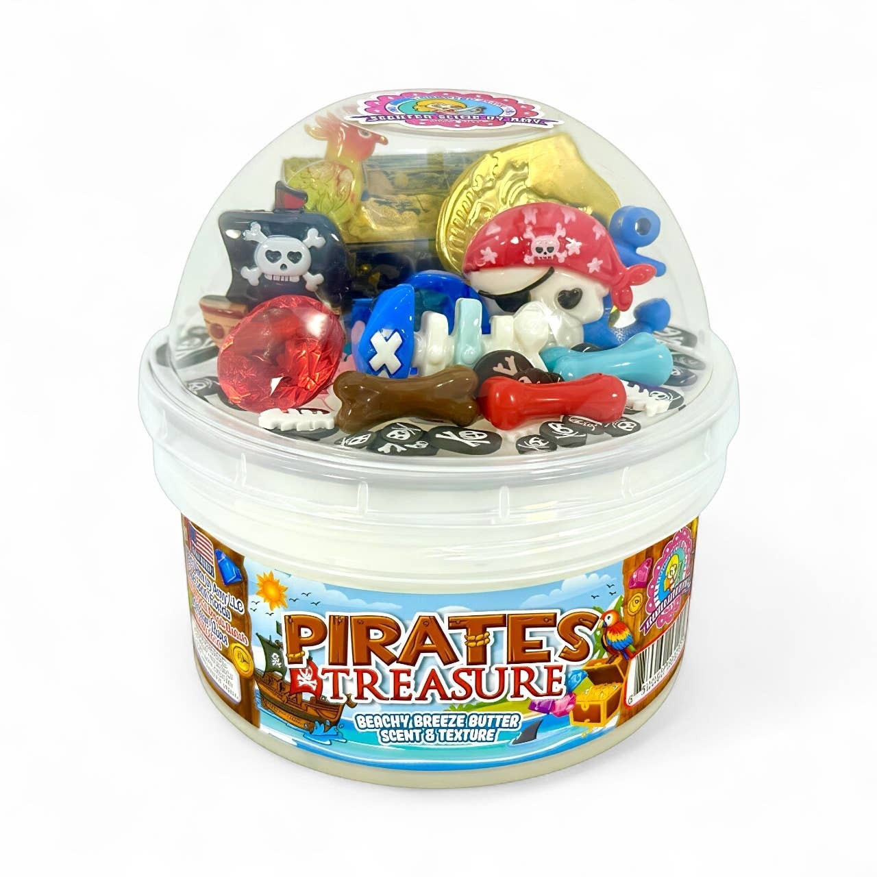 Doodlations Coffee Bar & Boutique Pirates Treasure butter slime with pirate charms, gems, coins, and treasure chest.