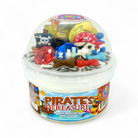 Doodlations Coffee Bar & Boutique Pirates Treasure butter slime with pirate charms, gems, coins, and treasure chest.
