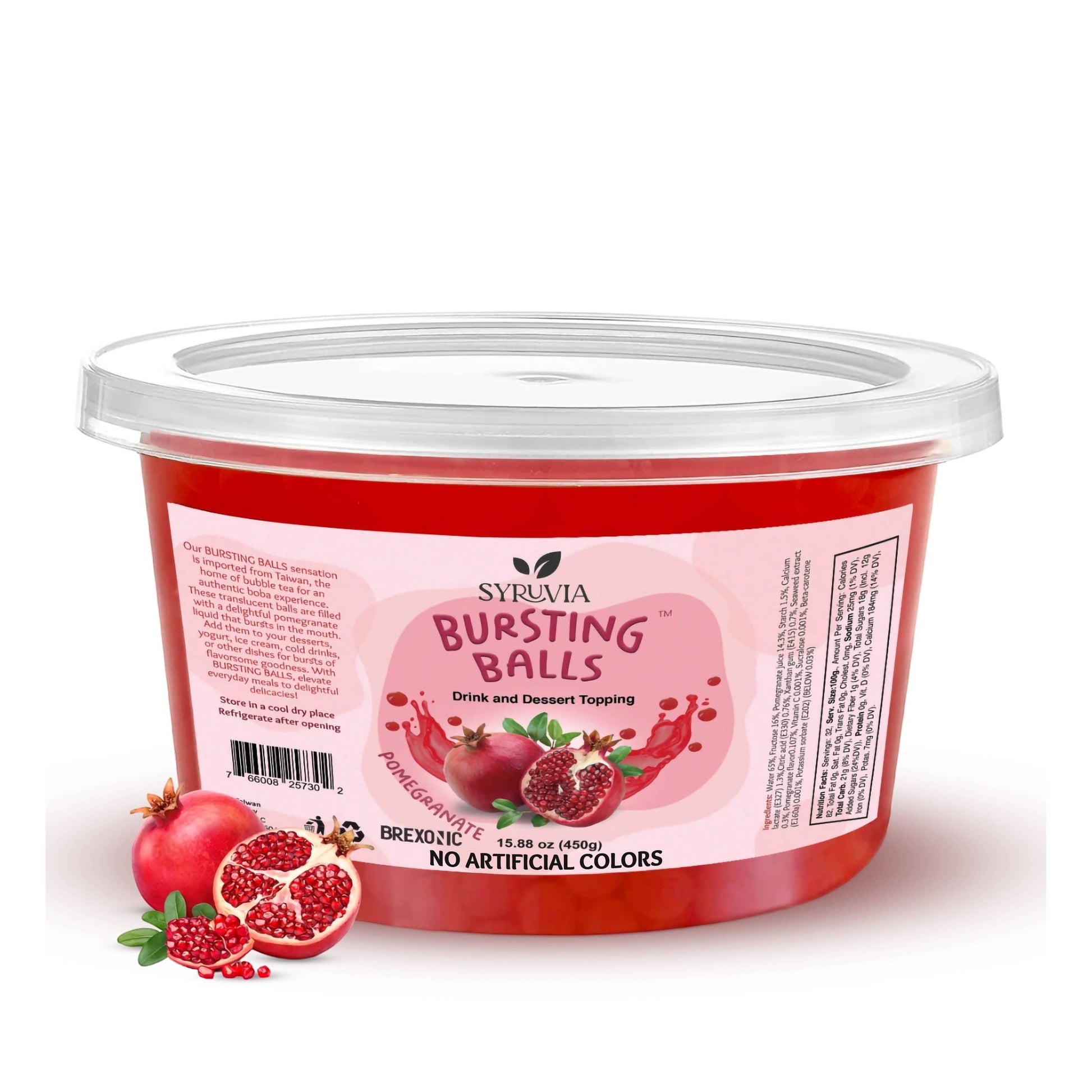 Doodlations Coffee Bar & Boutique Pomegranate Bursting Balls drink and dessert topping in a red tub with pomegranate illustrations.