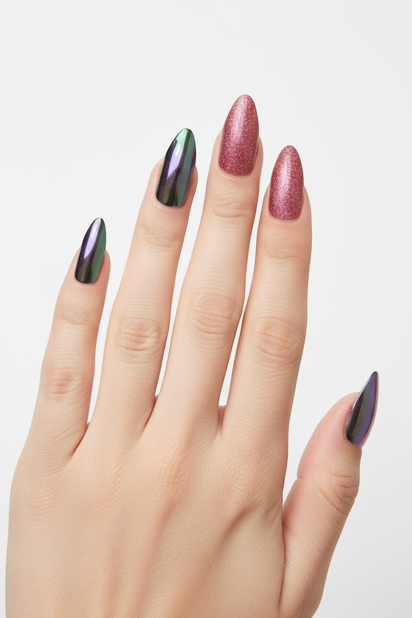 Doodlations Coffee Bar & Boutique press-on nails in chrome and rose glitter finishes, almond shape.