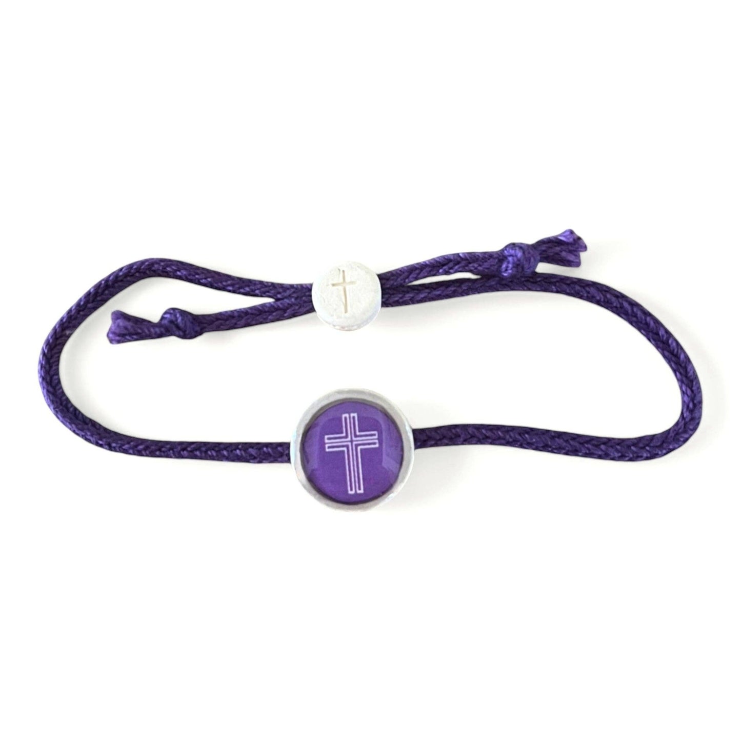 Doodlations Coffee Bar & Boutique purple cord bracelet with silver cross charm and NFC enabled center.