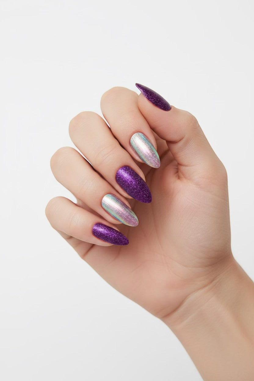 Doodlations Coffee Bar & Boutique purple glitter and chrome almond press-on nails