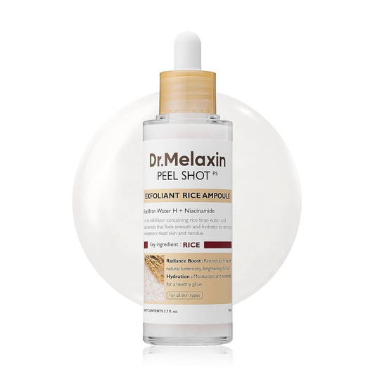 Doodlations Coffee Bar & Boutique Dr. Melaxin Peel Shot Exfoliant Rice Ampoule with niacinamide for radiant, hydrated skin.