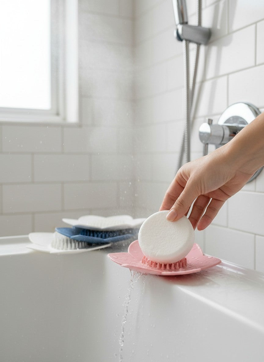Doodlations Coffee Bar & Boutique silicone lotus flower shower steamer holder in pink, blue, white, and grey.