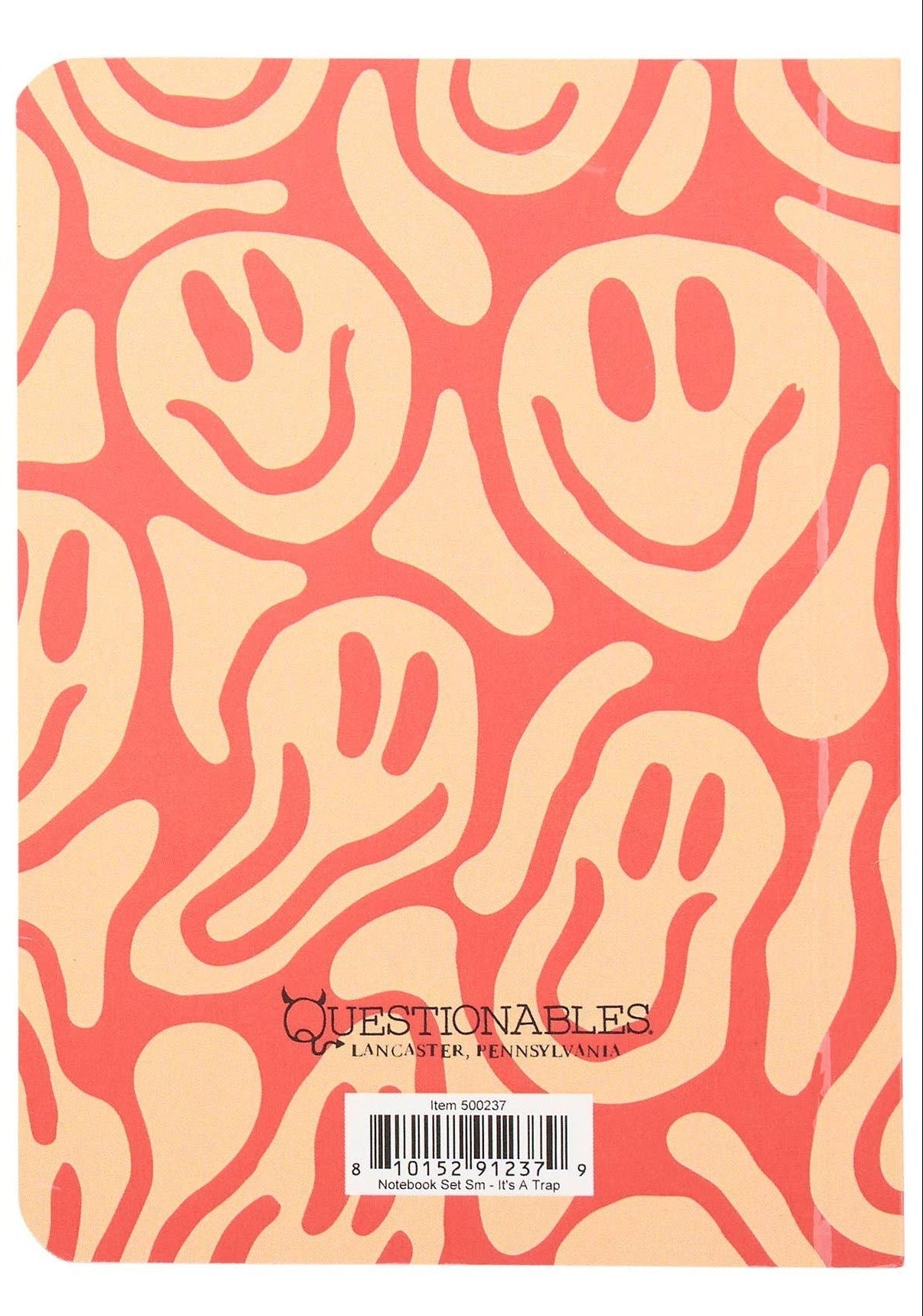 Doodlations Coffee Bar & Boutique notebook with a repeating pattern of melting smiley faces in coral and cream.