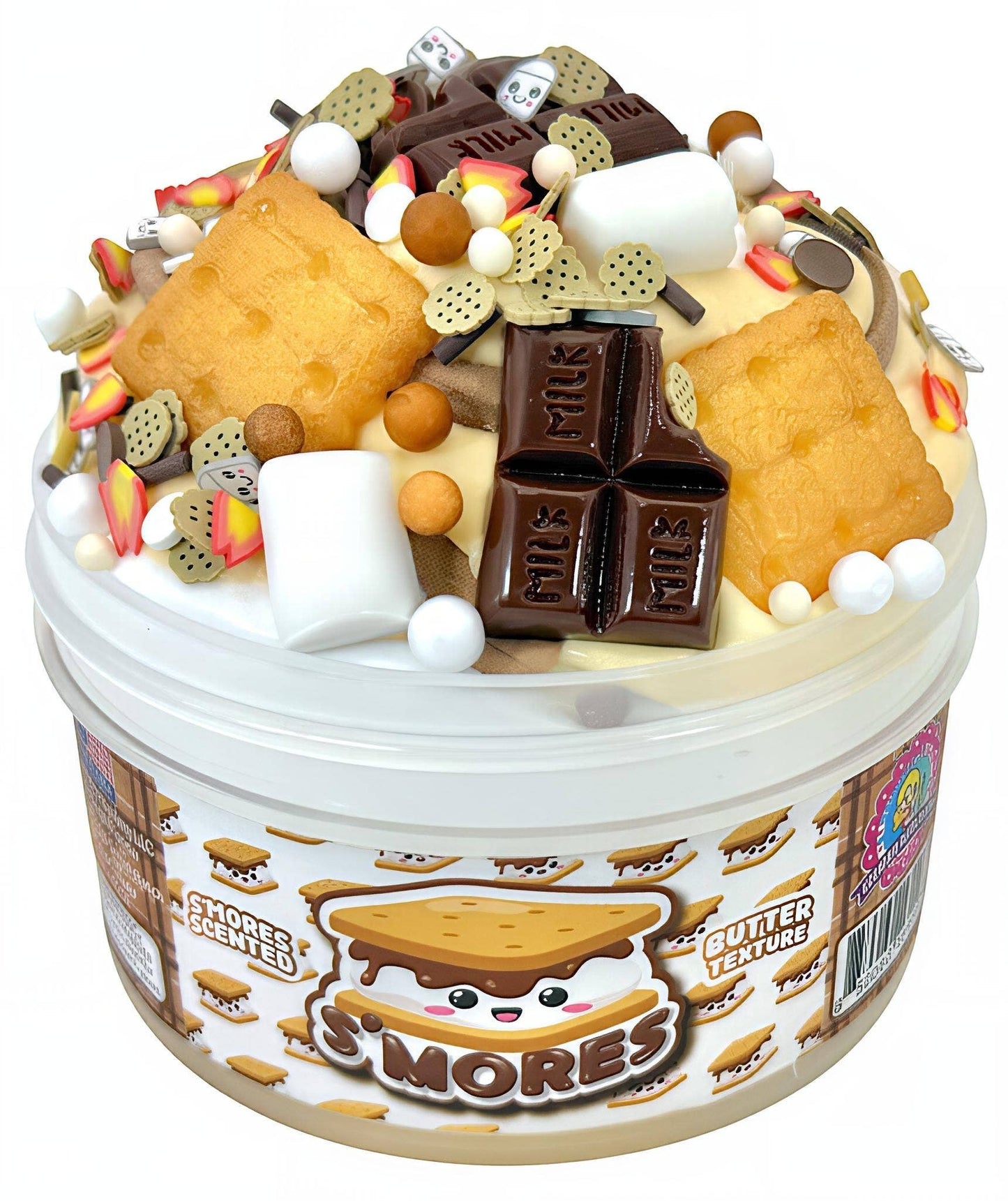 Doodlations Smores Scented Slime in a clear container, topped with chocolate bars, marshmallows, graham crackers, and cookie charms.