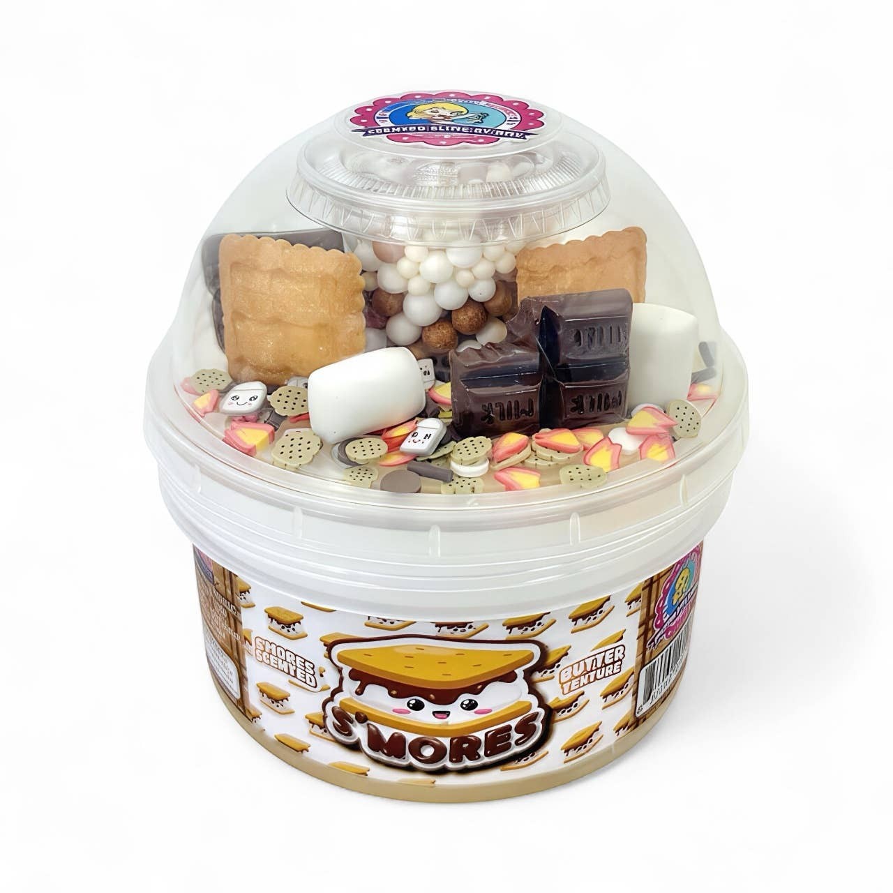 Doodlations Smores Scented Slime in a clear container with mini marshmallows, chocolate pieces, and graham cracker add-ins.