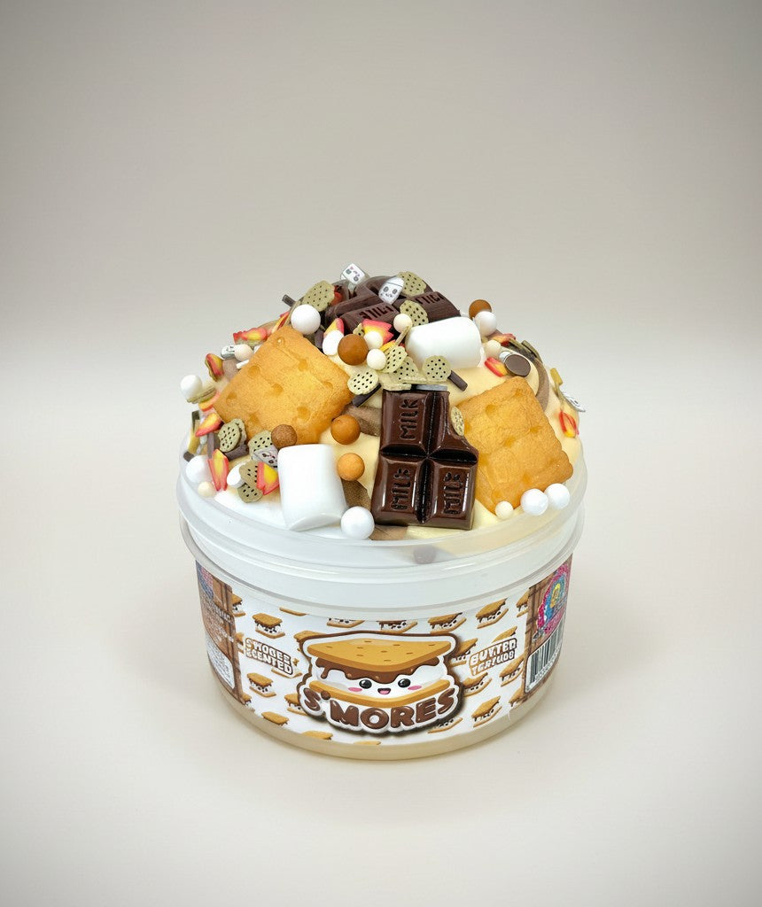 Doodlations S'mores Slime with chocolate, marshmallow, and graham cracker charms. Buttery texture.