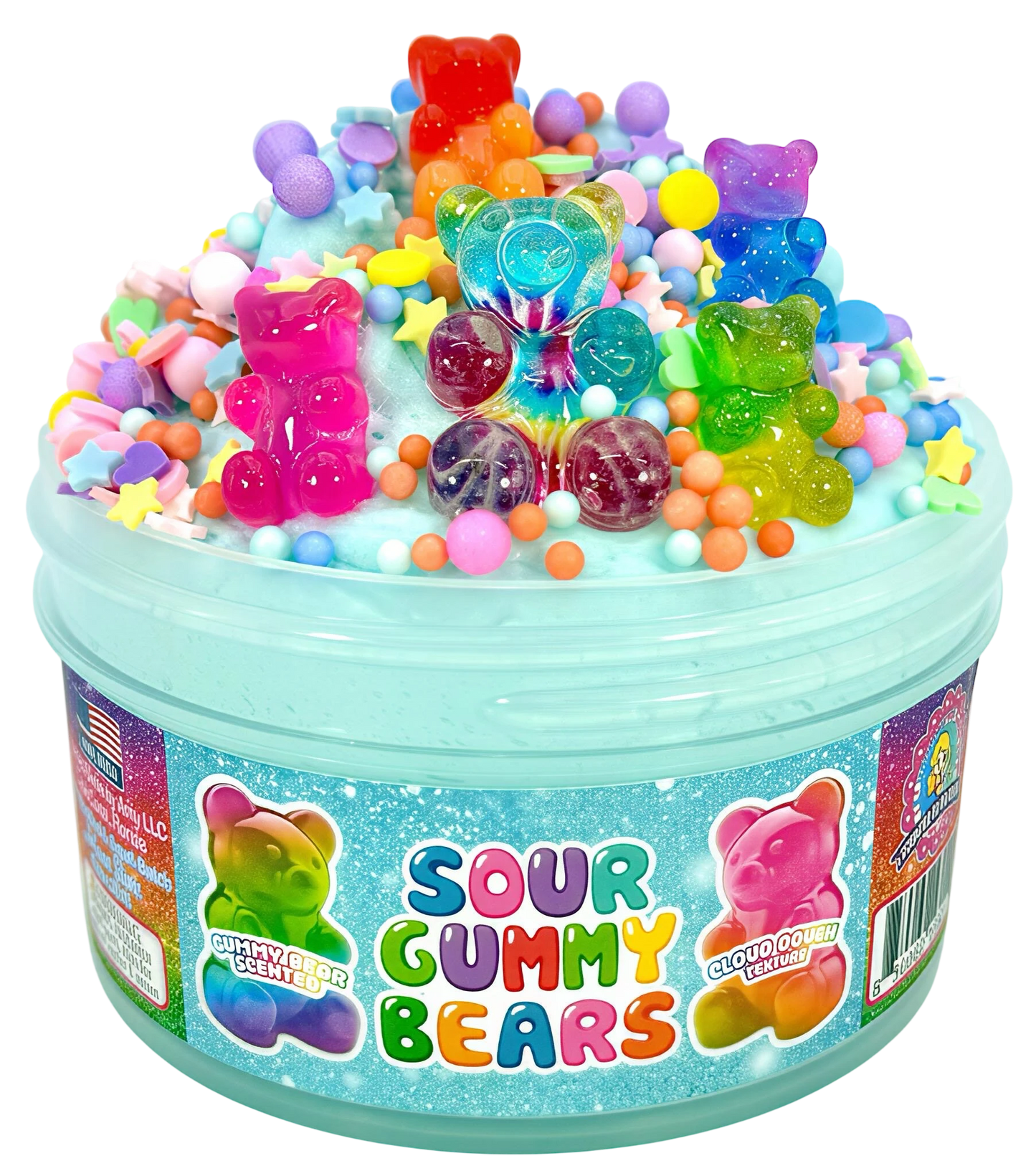 Doodlations Coffee Bar & Boutique Sour Gummy Bear Slime: light blue cloud slime topped with colorful gummy bear charms, star confetti, and foam beads.