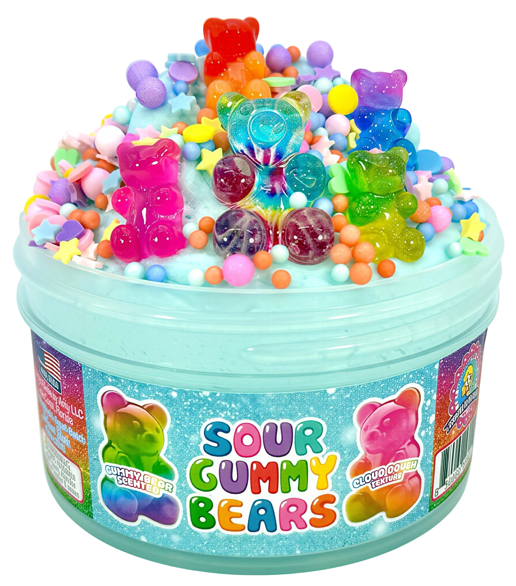 Doodlations Coffee Bar & Boutique Sour Gummy Bear Slime: light blue cloud slime topped with colorful gummy bear charms, star confetti, and foam beads.