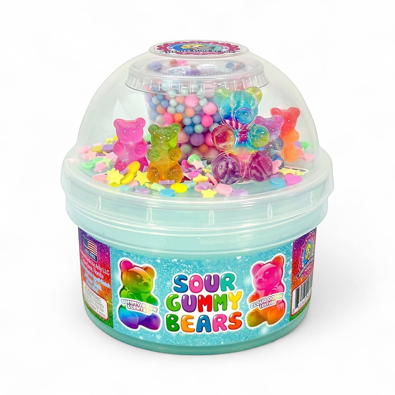 Doodlations Coffee Bar & Boutique Sour Gummy Bear Slime kit with light blue cloud slime, colorful gummy bear charms, star confetti, and foam beads.