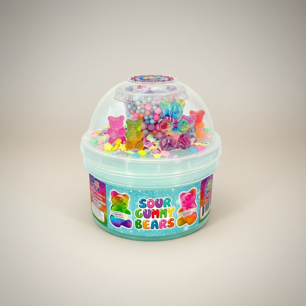 Doodlations Sour Gummy Bears cloud dough slime in a teal tub, topped with colorful gummy bear charms and star confetti.