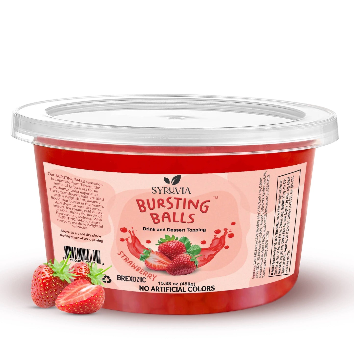 Doodlations Coffee Bar & Boutique Strawberry Bursting Balls drink and dessert topping in a clear tub with a red lid. Features real strawberries and nutritional information.