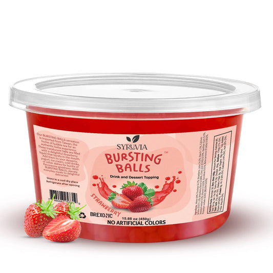 Doodlations Coffee Bar & Boutique Strawberry Bursting Balls drink and dessert topping in a clear tub with a red lid. Features real strawberries and nutritional information.