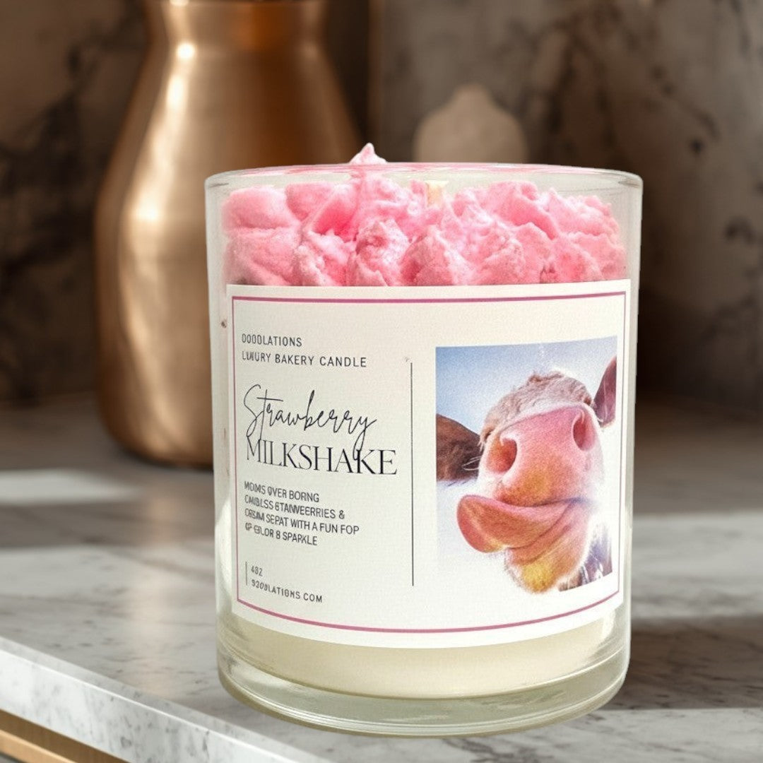 Doodlations Strawberry Milkshake luxury bakery candle in a glass jar with pink topping and a cow image on the label.