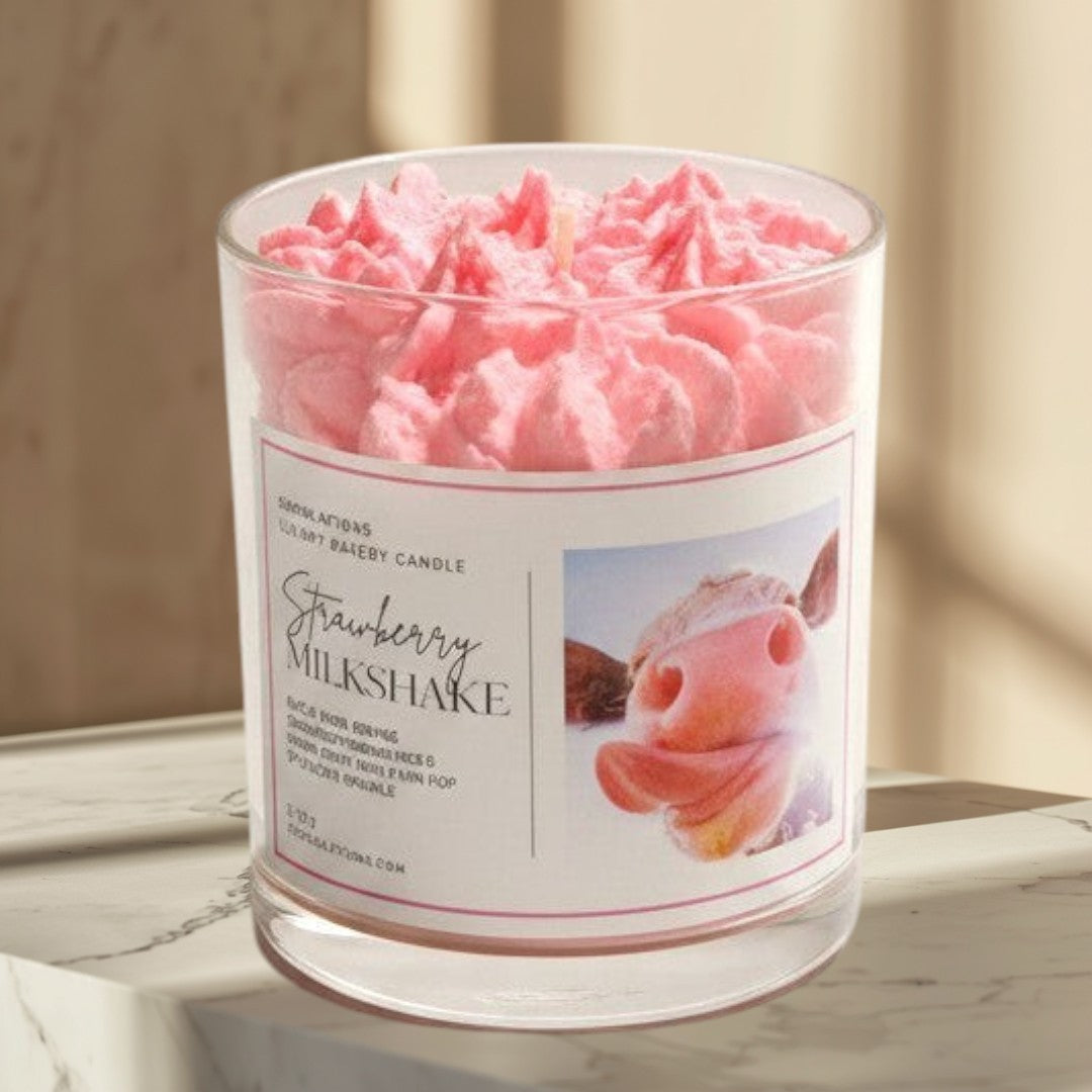 Doodlations Strawberry Milkshake Luxury Candle with pink whipped topping and cow print label.