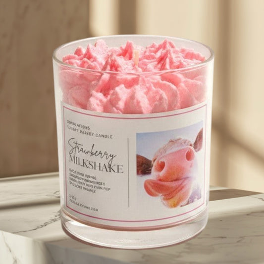 Doodlations Strawberry Milkshake Luxury Candle with pink whipped topping and cow print label.