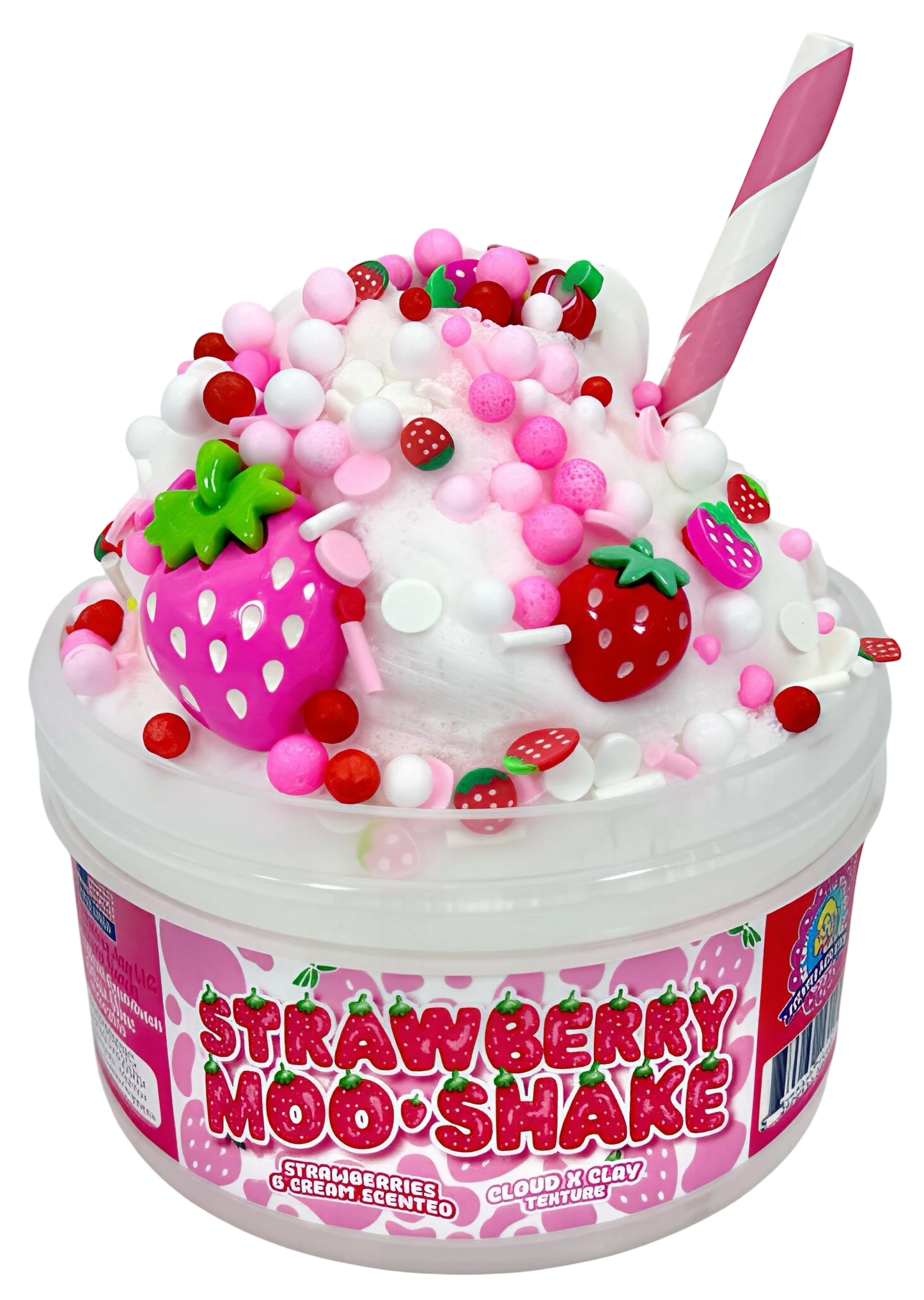 Doodlations Strawberry Moo Shake cloud clay slime with pink and white swirls, strawberry charms, sprinkles, and a pink striped straw.