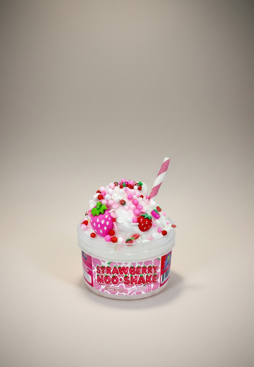 Doodlations Strawberry Moo-Shake slime with pink, white, and red swirls, topped with strawberry charms, sprinkles, and floam beads.