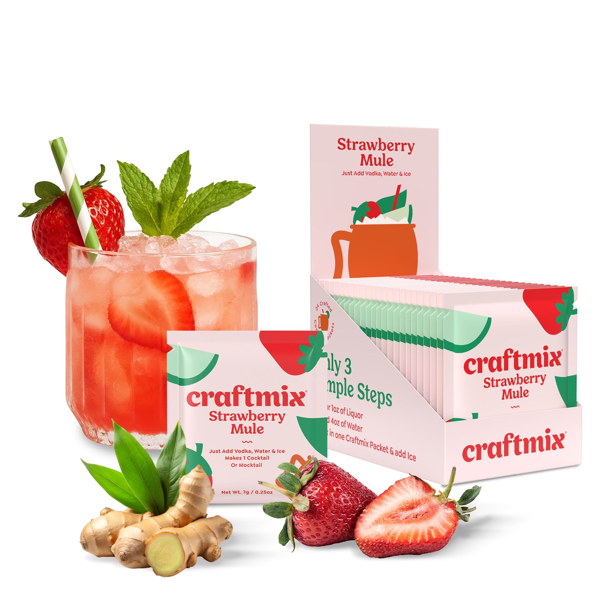 Doodlations Coffee Bar & Boutique Craftmix Strawberry Mule cocktail mixer packet with fresh strawberries and ginger.